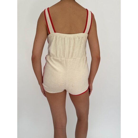 60s 70s vintage red cream ringer terry cloth mini romper shorts playsuit small - Picture 4 of 10